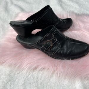 Soft Walk Leather Slip On Block Heel Comfort Mules Clogs 10 Black Buckle